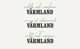 Varumärket Värmland-logotypen med tre olika dekortexter. Texterna säger 