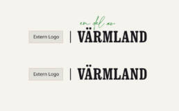 Exemplifiering som visar hur Varumärket Värmland kan användas tillsammans med samarbetspartners logotyper. Först partners logotyp, ett lodrätt streck sedan Värmlandslogotypen.